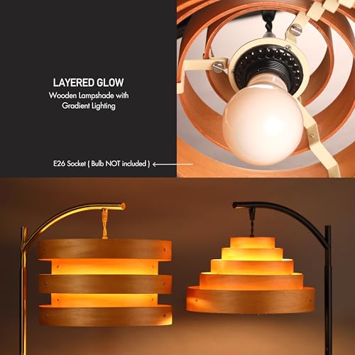 O’Bright Strata Wooden Floor Lamp - Mid Century Modern Standing Lamp with Layered Wood Shade, Tall Reading Lamp for Living Room, Bedroom, Office, Antique Brass, Light Oak, Cascade Shade - color: Antique Brass-Light Oak-Cascade