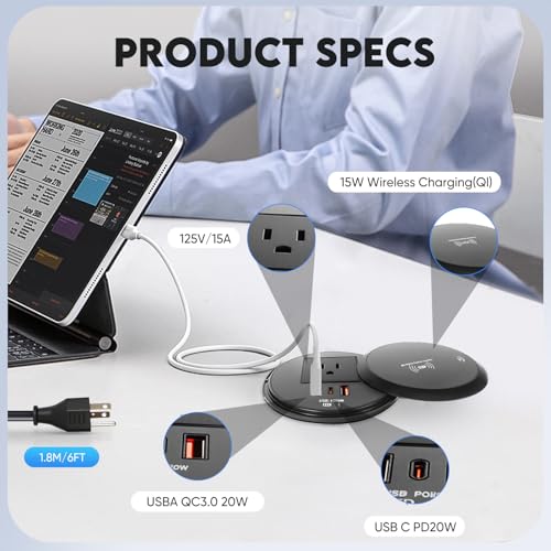 Desk Power Strip with 15W Wireless Charger, PD 20W USB-A, QC 3.0 USB-C Fast Charging Embedded Power Outlet, Recessed Power Outlet with AC outlets and 6FT Cord - color: black