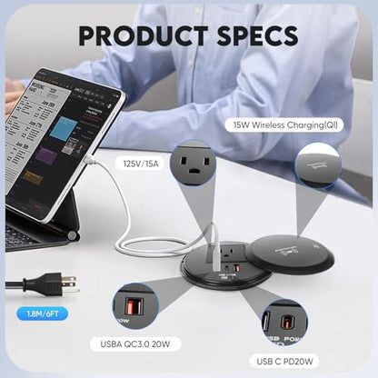 Desk Power Strip with 15W Wireless Charger, PD 20W USB-A, QC 3.0 USB-C Fast Charging Embedded Power Outlet, Recessed Power Outlet with AC outlets and 6FT Cord - color: black