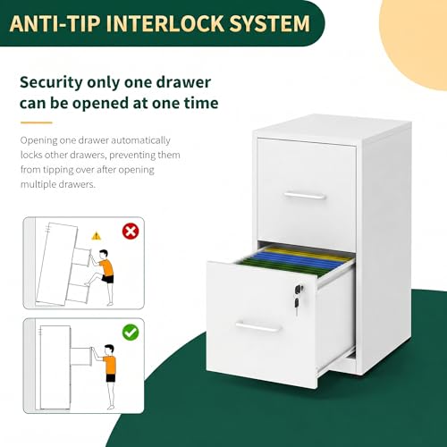 2 Drawer File Cabinet with Lock, 25.6" H Small File Cabinet | Metal Vertical File Cabinet for Home Office, Fits Letter/Legal/A4/F4 Files, Require Assembly, 25.6"H x 17.7"D x 15"W, White - color: White, size: 25.6"H - 2 Drawer