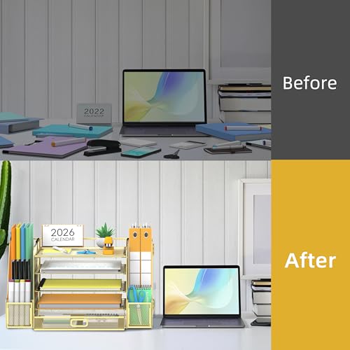 SUPEASY Mesh Desk Organizer with File Holder, 5-Tier Paper Letter Tray Organizer with Magazine Holder, Desktop Organizer and Storage with Drawer for Office Supplies Home or School (Golden) | Two side magazine holders and a bottom drawer store papers, fold