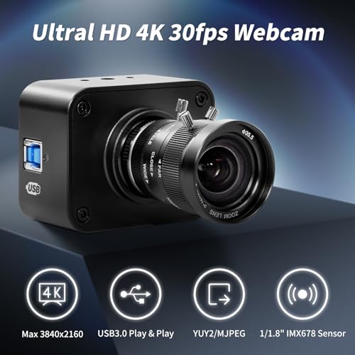 MOKOSE USB Camera 4K,USB3.0 Manual Focus Webcam with 5-12mm Varifocal Lens, IMX678 1/1.8" 8MP Sensor Support YUY2,Web Camera for Desktop Computer Laptop - size: With 5-12MM Varifocal Manual Lens