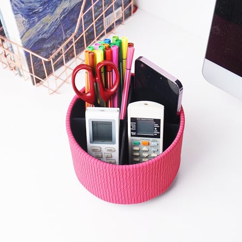 Round Leather Art Supply Organizer,Remote Control Holder,360 Degree Spinning,Multi-Functional Pencil Holder,4 Compartments Desktop Stationary Organizer(1-Vertical Wood Red) - color: 1-Vertical Wood Red