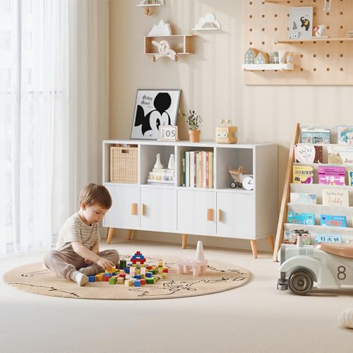 8-Cube Storage Organizer with Doors & 5 Solid Wood Legs, Mid-Century Modern Bookshelf with Seamless Top, Horizontal Cubby Toy Storage for Kids, Sideboard Media Console fits 11" Bins, White - color: White, size: 8-Cube with Door