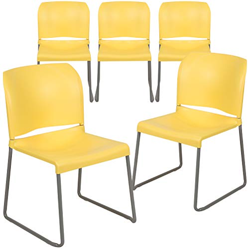 Flash Furniture HERCULES Series 5 Pack 880 lb. Capacity Yellow Full Back Contoured Stack Chair with Gray Powder Coated Sled Base | Sled Base, Powder Coated, Contoured, 880 LBS. Weight Capacity - color: Yellow, size: Set of 5