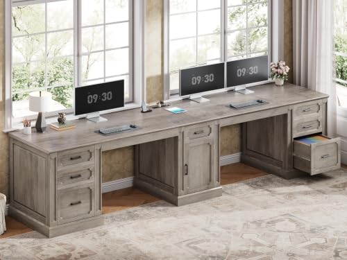 SEDETA Farmhouse 110.3" Two Person Desk with 7 Drawers, Long Computer Desk with Storage Cabinet, 2 Person Desk with Power Outlets for Home Office, Gray - color: Grey, size: 110.3" Two Person Desk