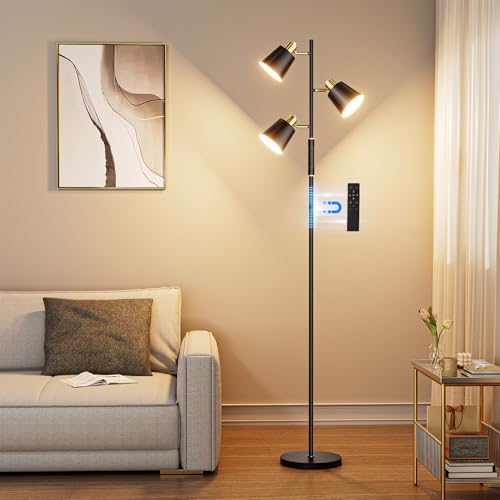 36W LED Tree Floor Lamp, 3 Rotatable Lights Standing Lamps for Living Room | Tall Modern Floor Lamps with Remote & Touch Control, 4 Colors Temperatures, Dimmable Bright Floor Lamp for Bedroom, Office - color: Black & Gold