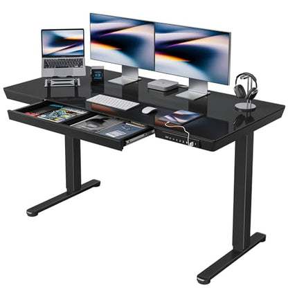FEZIBO 55 × 24 Electric Standing Desk with Drawers, Whole-Piece Glass Adjustable Height Desk, One-Piece Quick Install Adjustable Sit Stand Desk, Black - color: Black, size: 55 inch