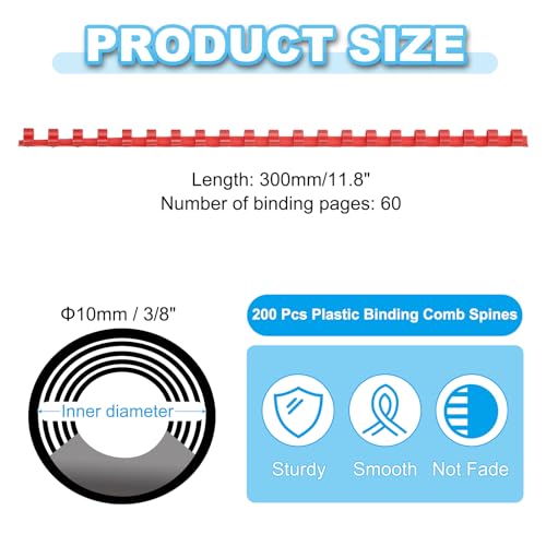 PATIKIL 10mm (3/8") Plastic Binding Combs, 200 Pcs 21 Rings Comb Binding Spines 60 Sheet Capacity Letter Size for Binding Paper Sheets Notebook Calendar Picture Album, Red - color: Red, size: 3/8"