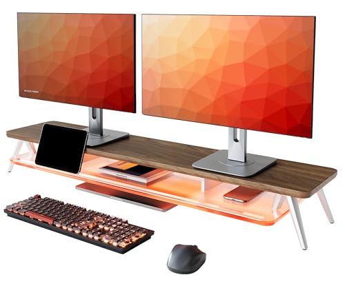 Fenge Dual Monitor Stand with 8-Mode LED Lights and Frosted Shelf, Brown | Sturdy Aluminum Legs, Built-In Phone & Tablet Slot, 2-Tier Storage, 42.5-Inch Desk Shelf for Gaming, Home Office & Streaming - color: Brown