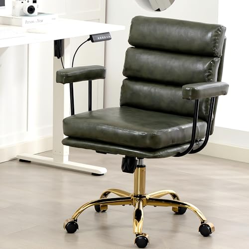 Faux Leather Home Office Desk Chair, Ergonomic Executive Computer Chair with Gold Base, Padded Seat and Armrests, Adjustable Height Swivel Vanity Chair with Wheels, Green - color: Green