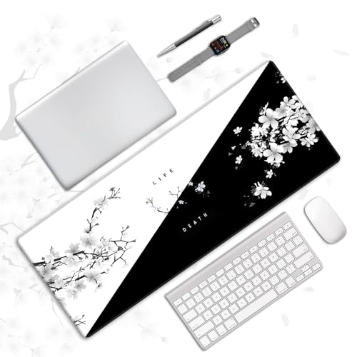 Black and White Gaming Mouse Pad,Large Life Death Desk Mat,31.5x12in | Extended Japanese Anime Cherry Blossom Mousepad with Stitched Edges,Washable Minimalist Keyboard Mat for Men,80x30 cm - color: White and Black