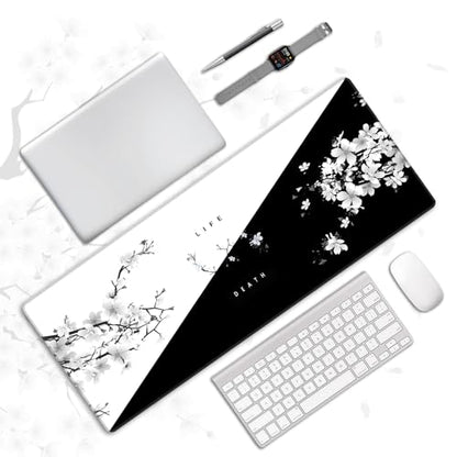 Black and White Gaming Mouse Pad,Large Life Death Desk Mat,31.5x12in | Extended Japanese Anime Cherry Blossom Mousepad with Stitched Edges,Washable Minimalist Keyboard Mat for Men,80x30 cm - color: White and Black