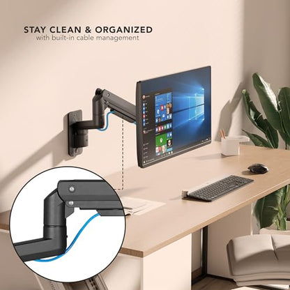Mount-It! Heavy-Duty Wall Mount Arm for 49" Curved Monitors | Gas spring full motion arm, 23.5" reach, holds 44 lbs, VESA 75/100, single-stud install.