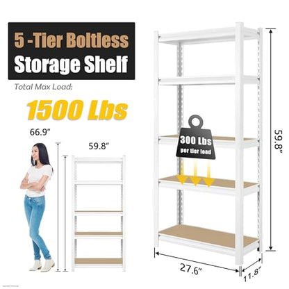 PrimeZone 27.6" W x 11.8" D x 59.8" H White Book Shelf, 5-Tier Bookcase | Modern Open Design, Adjustable Shelves, Standing Display Organizer for Books, Plants & Décor, Sturdy Double-layered Columns - size: 27.6" W x 11.8" D x 59.8" H