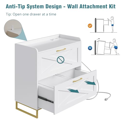 Vabches 2 Drawer Lateral File Cabinet with Charging Station, White and Gold - color: White