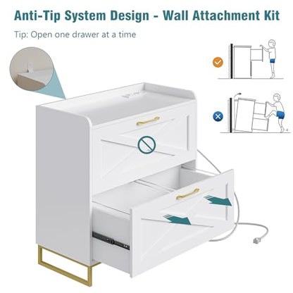 Vabches 2 Drawer Lateral File Cabinet with Charging Station, White and Gold - color: White