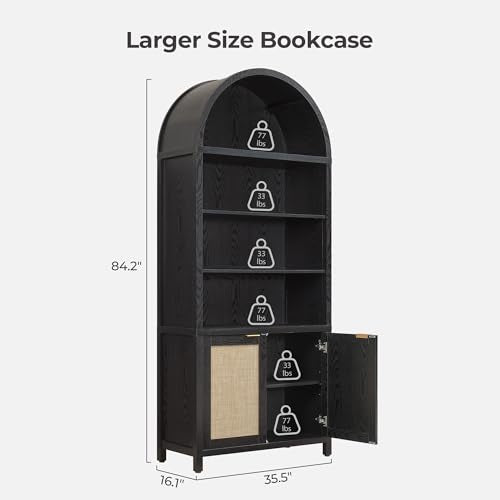 SICOTAS 84.2" Tall Arched Bookcase with Doors - 5 Tier Rattan Bookshelf - color: Black Oak, size: 2 Pieces