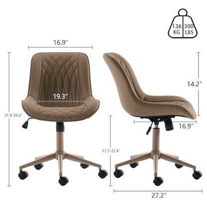 YOUNIKE Faux Leather Office Desk Chair Comfy Vanity Chair Armless Khaki | Ergonomic Upholstered Rocking Back, Swivel with Wheels, Height Adjustable, Modern Task Chair For Computer Sewing Drafting - color: All Khaki