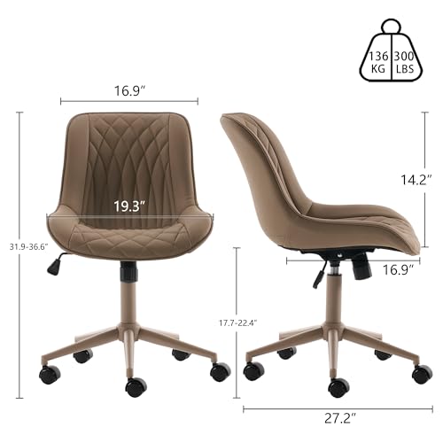 YOUNIKE Faux Leather Office Desk Chair Comfy Vanity Chair Armless Khaki | Ergonomic Upholstered Rocking Back, Swivel with Wheels, Height Adjustable, Modern Task Chair For Computer Sewing Drafting - color: All Khaki