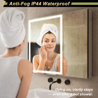 30*28 inch Two-door Aluminum LED Lighted Bathroom Medicine Mirror Cabinet | Light Adjustable, Sockets & USBs inside, Anti-Fog, Easy to Install - color: 30*28 Two-door