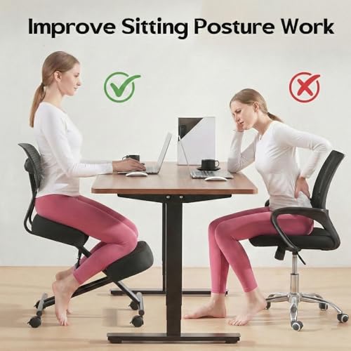 Kneeling Chair with Backrest Adjustable Linen Ergonomic Home Office Chair | Improve Posture Chair with Brake Rolling Wheels Thick Cushion Work Stool Back Pain Relief - color: Black-linen