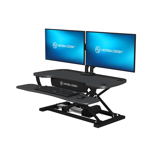 VERSADESK PowerPro 36 Inch Electric Standing Desk Converter – Push-Button Height Adjustable Sit to Stand Desk Riser for Dual Monitors & Laptop – Motorized Desktop Workstation with Wide Keyboard Tray - color: Black, size: 36" Wide