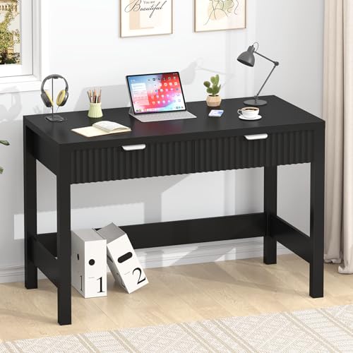 39 Inch Small Fluted Computer Desk with 2 Drawers for Bedroom, Home Office - color: Black, size: 39 Inch Desk