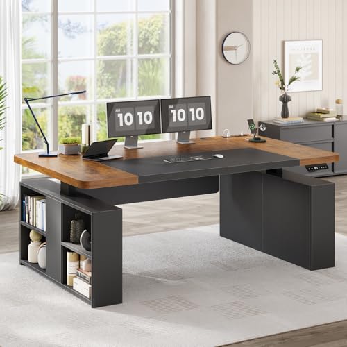 SEDETA 63" Executive Standing Desk with Storage, Executive Height Adjustable Desk with Power Outlets, Large Computer Office Desk with Privacy Panel for Home Office, Brown+Black - color: Rustic Brown