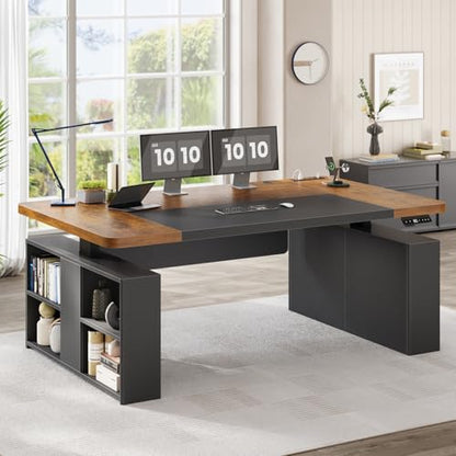 SEDETA 63" Executive Standing Desk with Storage, Executive Height Adjustable Desk with Power Outlets, Large Computer Office Desk with Privacy Panel for Home Office, Brown+Black - color: Rustic Brown