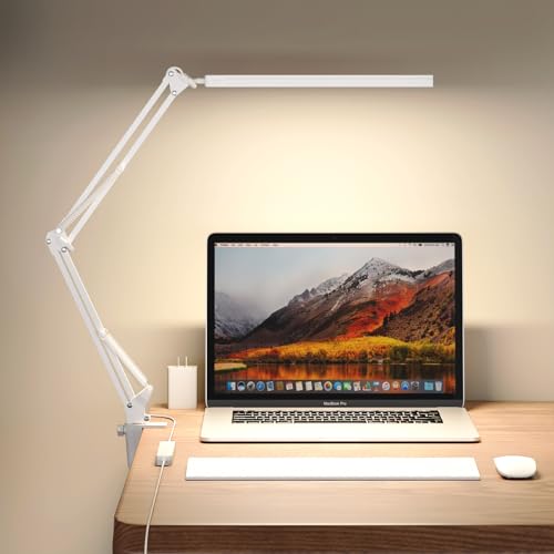 Upgrade Swing Arm LED Desk Lamp with Clamp, 80 LED Beads, 5 Color Modes & 11 Brightness Levels, 360° Adjustable Arm, Eye-Caring Light CRI95, Timer & Memory Function, for Office, Study, Crafting - color: Clip-White