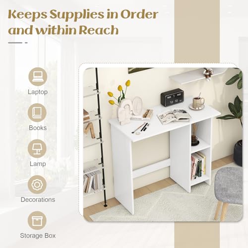 GOFLAME Small Computer Desk with Storage, Modern Writing Desk with Adjustable Shelf, Space Saving Laptop PC Desk with Anti-Toppling Kit, Wooden Study Desk for Home Office, White
