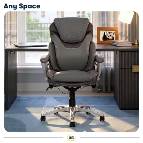 Serta Bryce Executive Office Chair - Ergonomic Computer Desk Chair with Patented AIR Lumbar Technology - Adjustable Height - Memory Foam Body Pillows - 360° Swivel Rolling Base - Bonded Leather - Gray - color: Grey