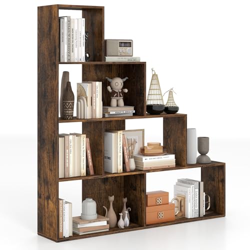 Tangkula 4-Tier Stepped Bookshelf, Freestanding 6 Cubes Ladder Bookcase with Anti-Tipping Kits, 64" Tall Modern Wooden Storage Display Rack for Home Office Living Room Study (1, Rustic Brown) - color: Rustic Brown
