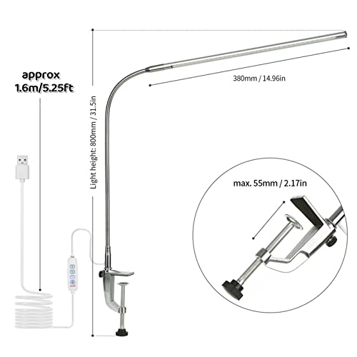 Desk Lamp with Clamp, 3 Modes 10 Brightness 360° Rotation Eye-Caring Reading Light,8W Long Flexible Gooseneck, Architect Task Lamp, USB Clamp Light for Home Office Manicure Reading - color: ‎Trichromatic Light