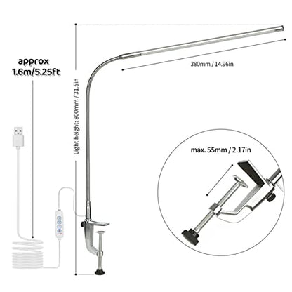 Desk Lamp with Clamp, 3 Modes 10 Brightness 360° Rotation Eye-Caring Reading Light,8W Long Flexible Gooseneck, Architect Task Lamp, USB Clamp Light for Home Office Manicure Reading - color: ‎Trichromatic Light