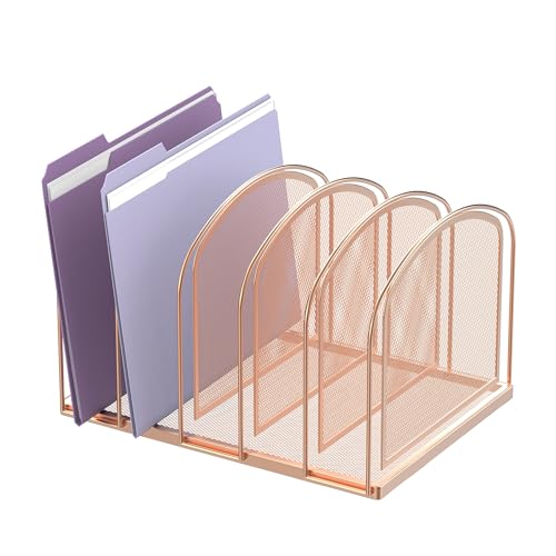 5-Section File Organizer for Desk, Metal File Folder Holder, Rose Gold | 5 Vertical Compartments with Sturdy Metal Base for Office Documents Books Magazines and Laptop - color: rose gold, size: 5 Section