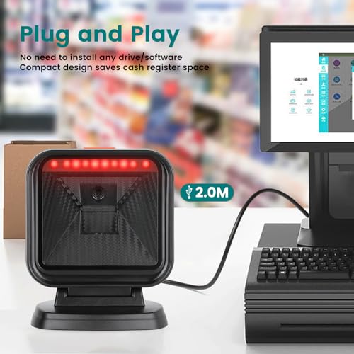 OBZ 1D 2D Desktop Barcode Scanner, QR Code Scanner USB Wired Hands-Free Barcode Scanner Omnidirectional Automatic Cash Register Scanner with Large Scan Window for POS PC, Store, Supermarket - style: Square