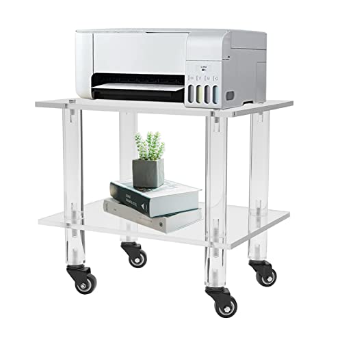 Rolling Acrylic Printer Stand Shelf 2-Tier Under Desk Printer Table Modern Clear Printer Cart with Wheels for Home Office Living Room Bedroom, Clear