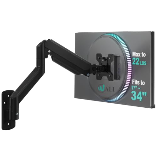 WALI Single Monitor Wall Mount for 17-34 inch Computer Screens，up to 22 lbs | Wall Mount Monitor Arm, Full Motion with Height Adjustment, Tilt, Swivel, Rotation, VESA 75/100mm (GSWM001), Black - color: Black (Single), size: Up to 34"