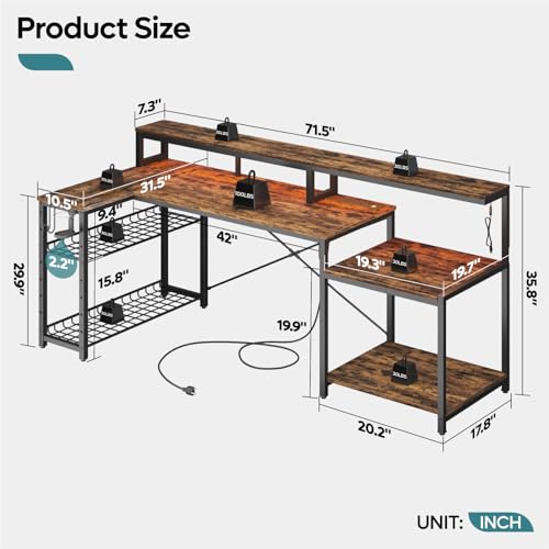 Bestier 71.5" L Computer Desk with Power Outlets, Rustic Brown | Printer Shelf, Adjustable Metal Grid, Adjustable Monitor Stand, Cup & Headset Hooks, 4AC 2USB Ports for Home Workspace - color: Rustic Brown