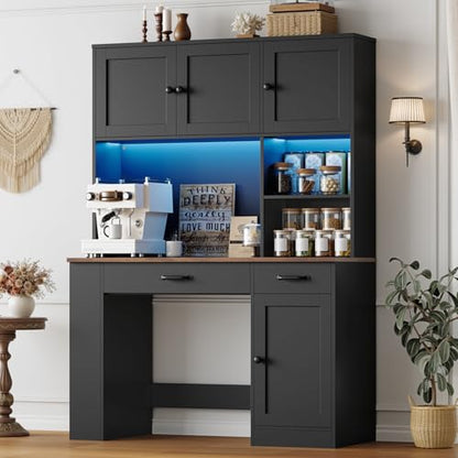 Keyluv 71" Tall Computer Desk with Hutch Cabinet, Home Office Desk with Storage Drawers Shelves and Side Rack, Wood Executive Desk with Doors, Outlet Station and Smart LED Lights, Black - color: Black