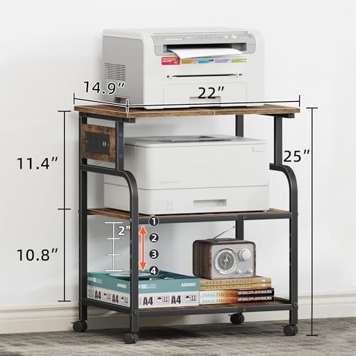 YAOHUOO 3 Tier Large Printer Stand with Power Outlet/Adjustable Shelf - color: Rustic Brown, size: 22"×15"