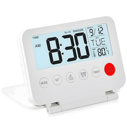 KANBIT Small Digital Travel Alarm Clock, Large LCD Display Front Button with Date & Temperature, Snooze and 8 Seconds Backlight AAA Battery Operated Desk Clock for Home & Office, White - color: White