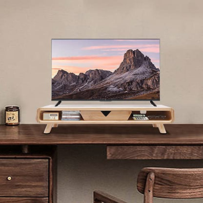 Bamboo Monitor Stand Riser with Drawer, 24 Inch No Assembly Required Desk Organizer, Ergonomic 4.5 Inch Height Wood Computer Stand for Laptop, Printer, Office Accessories