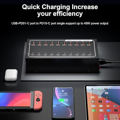 20-Port Fast Charging Station 400W, USB C and USB A Charger Dock with Smart Power Distribution Technology，for Multiple Devices, PD/QC Fast Charging Support