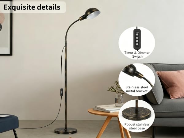 Floor Lamp with Flexible Gooseneck and Rotatable Shade,Standing Lamp include Dimmer LED Bulb,Ideal Tall Lamp with Dimmer and Timer Switch for Reading,Bedside and Living Room (Gold Black Brushed) - color: Gold Black Brushed