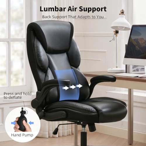 Executive Office Chair - Adjustable Inflatable Lumbar Support, Flip Up Arms, Heavy Duty Metal Base, Breathable PU Leather Ergonomic High Back Computer Chair Desk Chair, Thick Padded | Black - color: Black