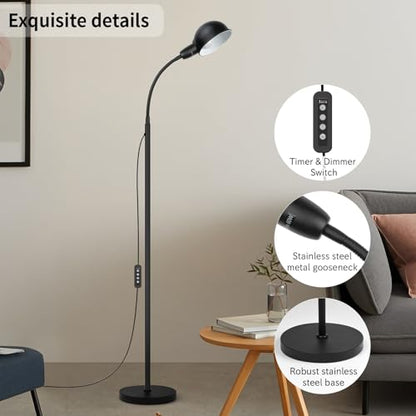 Ruiever Floor Lamp with Flexible Gooseneck and Height Adjustable，Standing Lamp Include Dimmer LED Bulb，Ideal Tall Lamp with Dimmer and Timer Switch for Reading,Bedside and Living Room (Black) - color: Black