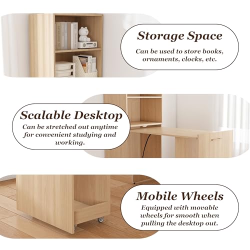 Light Wood Folding Desks with Storage Shelves for Small Spaces(Natural) | Foldable Murphy Desk with Bookcase, Space Saving Compact Computer Table, Pull Out Writing Table for Apartment - color: Natural Wood